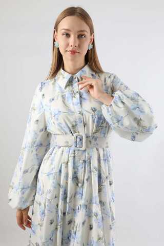 Çiçekli Kemerli Elbise Mavi - 2