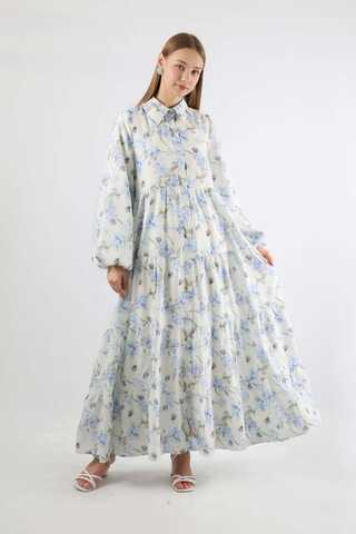 Çiçekli Kemerli Elbise Mavi - 3