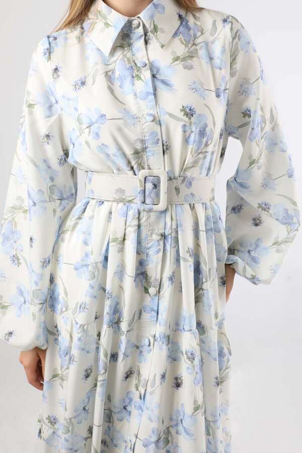 Çiçekli Kemerli Elbise Mavi - 4