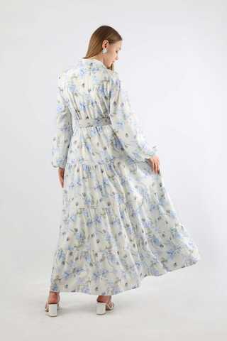 Çiçekli Kemerli Elbise Mavi - 5