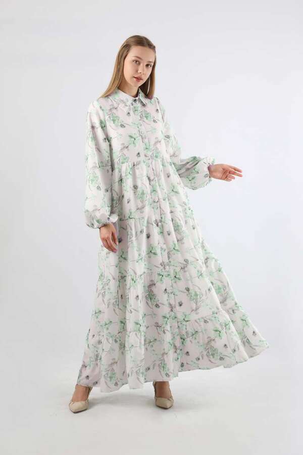 Çiçekli Kemerli Elbise Mint - 1