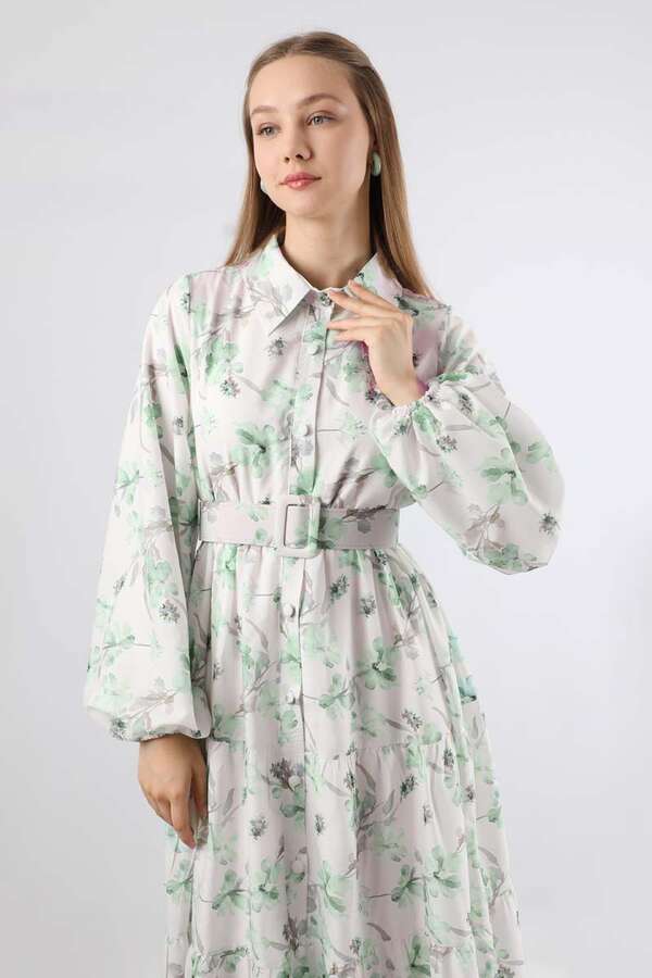 Çiçekli Kemerli Elbise Mint - 2