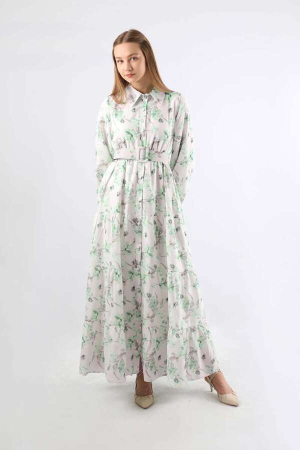 Çiçekli Kemerli Elbise Mint - 3