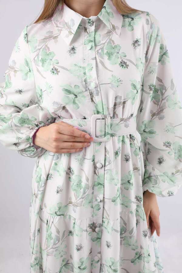 Çiçekli Kemerli Elbise Mint - 4