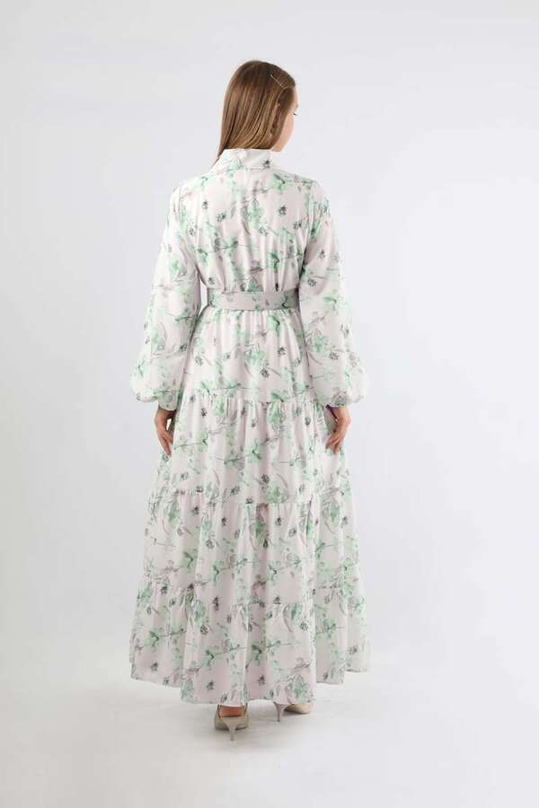 Çiçekli Kemerli Elbise Mint - 5