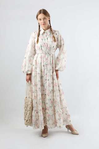 Çiçekli Kemerli Elbise Pudra - 1