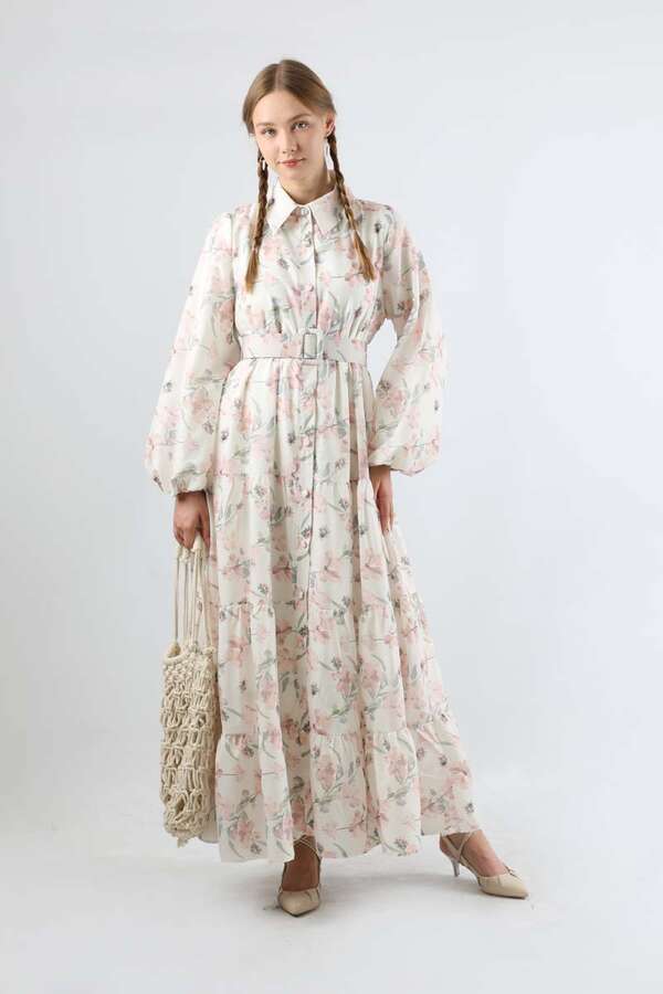 Çiçekli Kemerli Elbise Pudra - 1