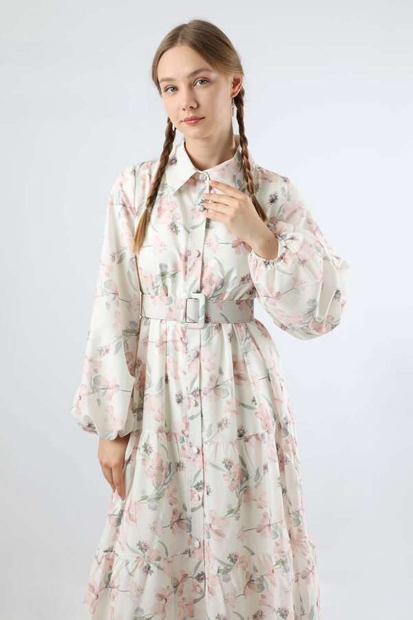 Çiçekli Kemerli Elbise Pudra - 2