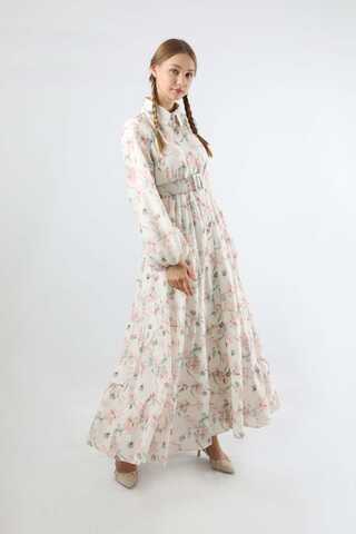 Çiçekli Kemerli Elbise Pudra - 3