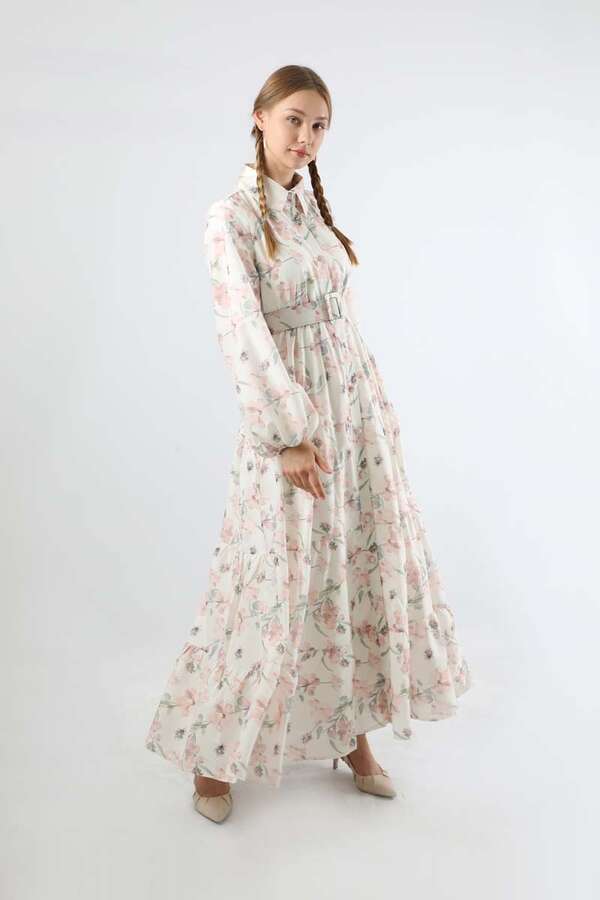 Çiçekli Kemerli Elbise Pudra - 3