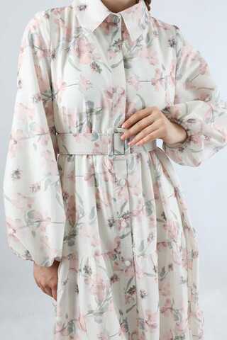 Çiçekli Kemerli Elbise Pudra - 4