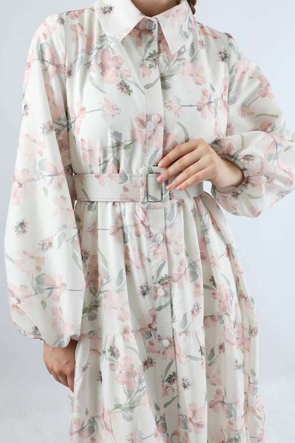 Çiçekli Kemerli Elbise Pudra - 4