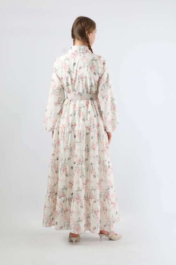 Çiçekli Kemerli Elbise Pudra - 5