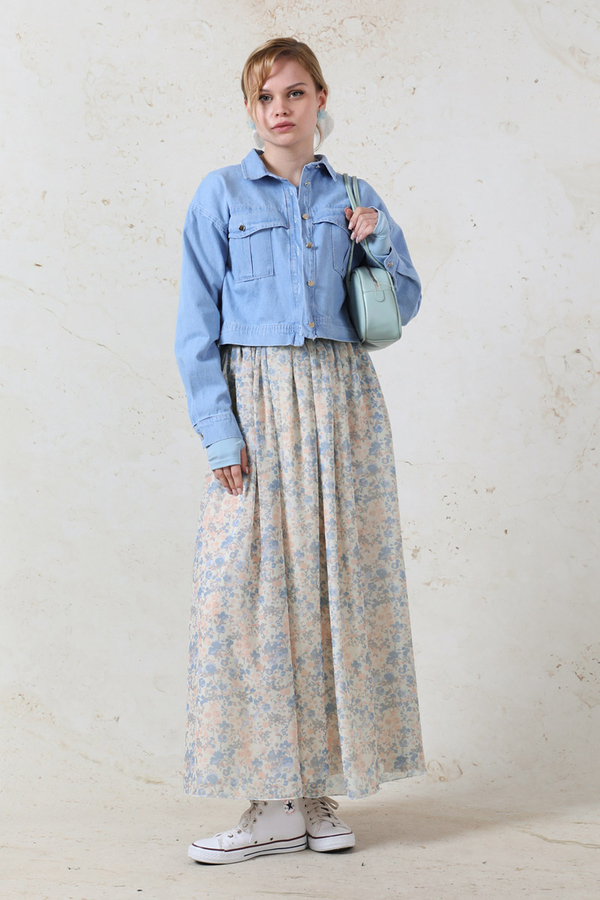 Çiçekli Şifon Etek Bebe Mavisi - 1