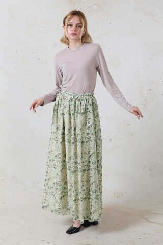 Çiçekli Şifon Etek Mint - 5