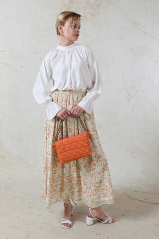 Çiçekli Şifon Etek Somon - 1