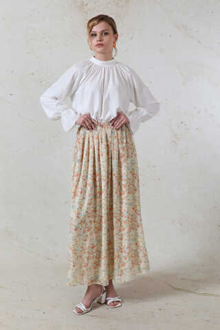 Çiçekli Şifon Etek Somon - 2