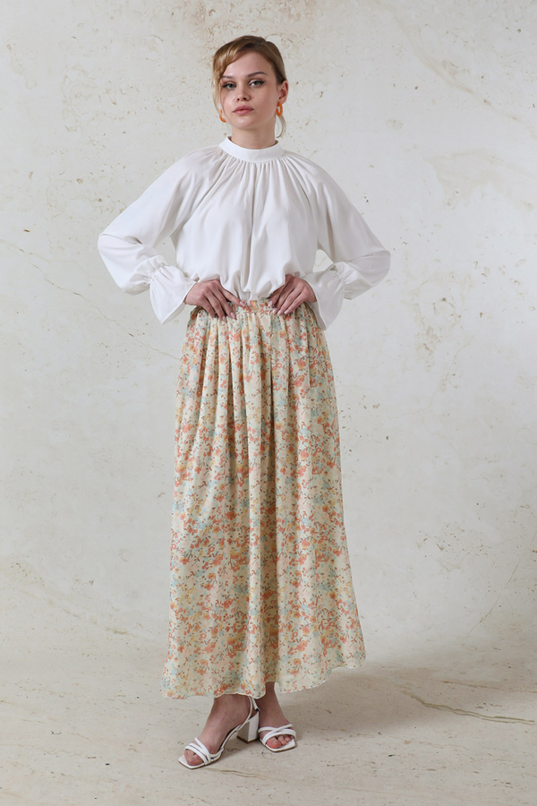 Çiçekli Şifon Etek Somon - 2