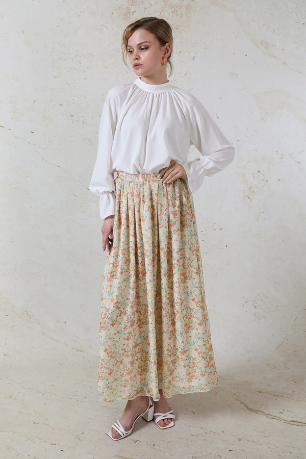 Çiçekli Şifon Etek Somon - 3