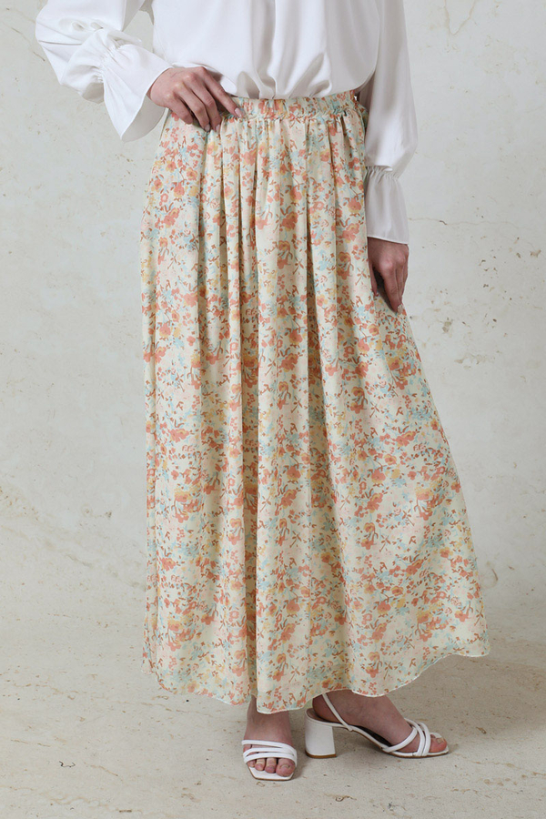 Çiçekli Şifon Etek Somon - 5