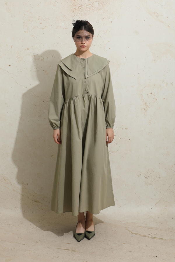 Çift Bebe Yaka Elbise Haki - 1