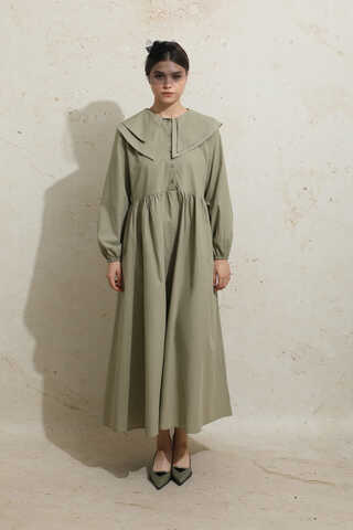 Çift Bebe Yaka Elbise Haki - 1