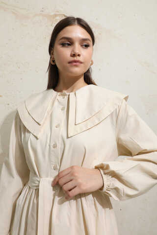 Çift Bebe Yaka Elbise Krem - 4
