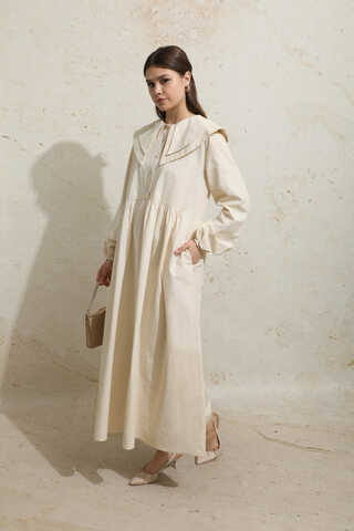 Çift Bebe Yaka Elbise Krem - 5