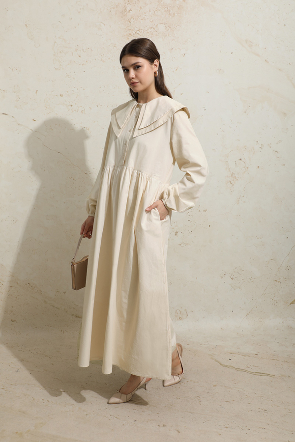 Çift Bebe Yaka Elbise Krem - 5