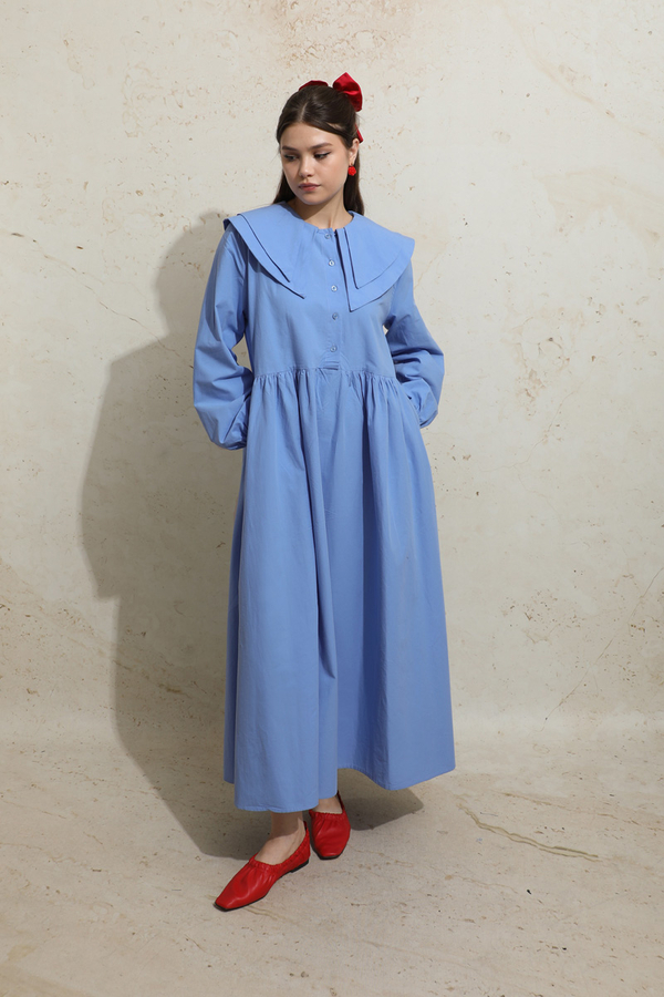 Çift Bebe Yaka Elbise Mavi - 2