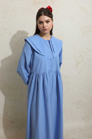 Çift Bebe Yaka Elbise Mavi - 1