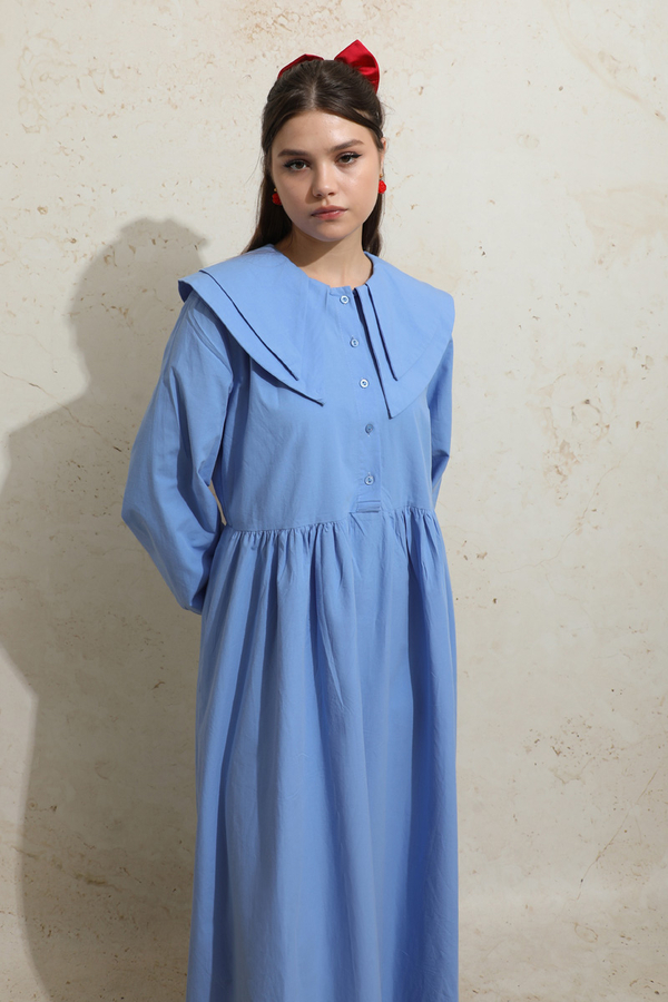 Çift Bebe Yaka Elbise Mavi - 1