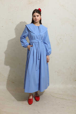Çift Bebe Yaka Elbise Mavi - 3