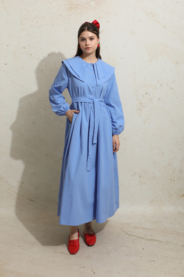 Çift Bebe Yaka Elbise Mavi - 3