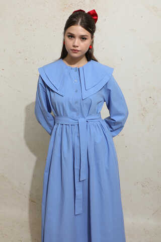 Çift Bebe Yaka Elbise Mavi - 5