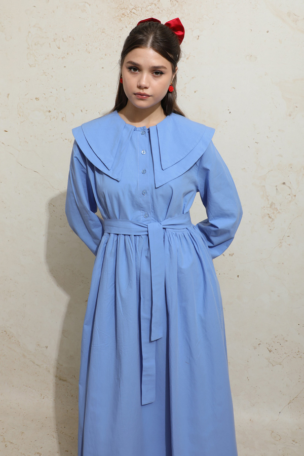 Çift Bebe Yaka Elbise Mavi - 5