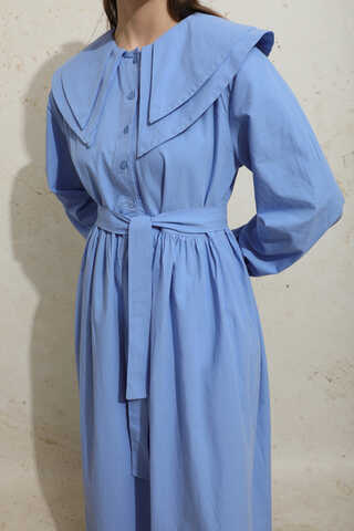 Çift Bebe Yaka Elbise Mavi - 6