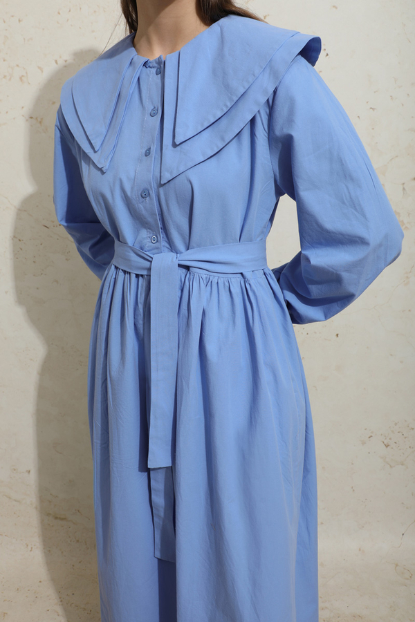 Çift Bebe Yaka Elbise Mavi - 6