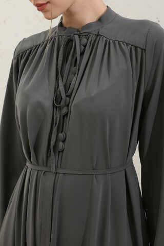 Çift Düğmeli Elbise Füme - 9