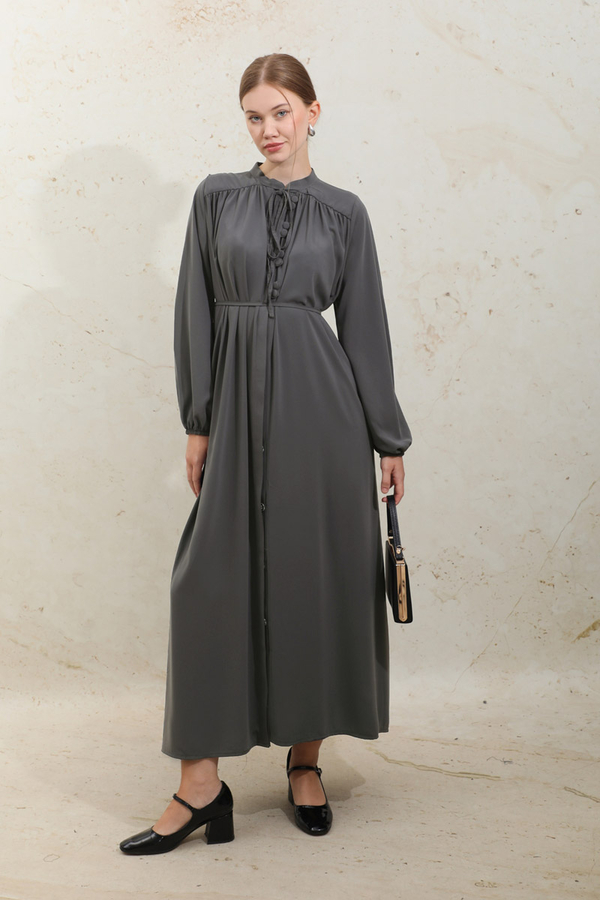 Çift Düğmeli Elbise Füme - 5