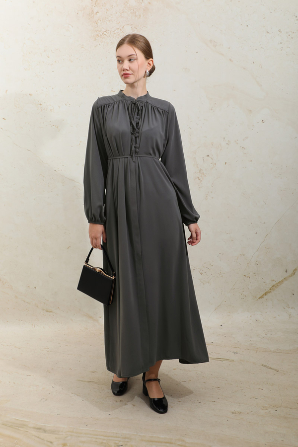 Çift Düğmeli Elbise Füme - 6