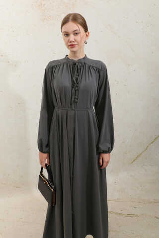 Çift Düğmeli Elbise Füme - 7