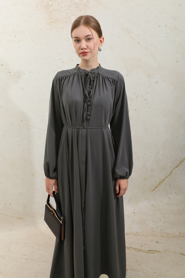 Çift Düğmeli Elbise Füme - 7