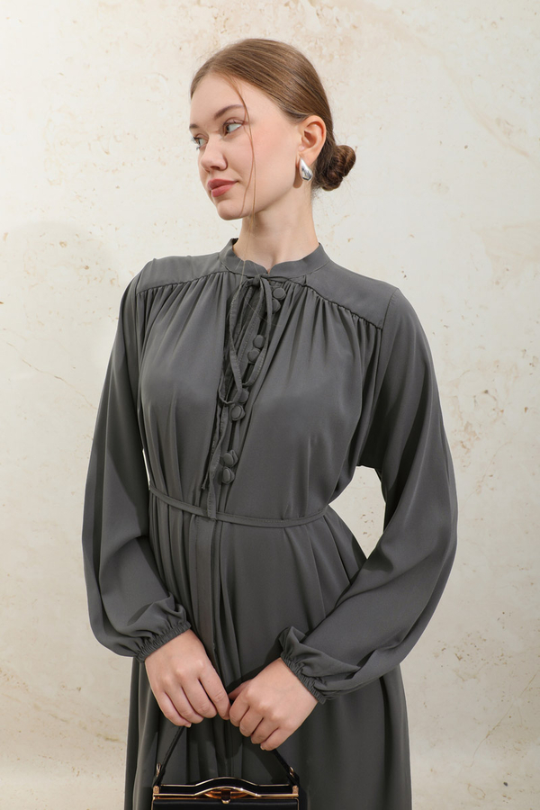 Çift Düğmeli Elbise Füme - 8