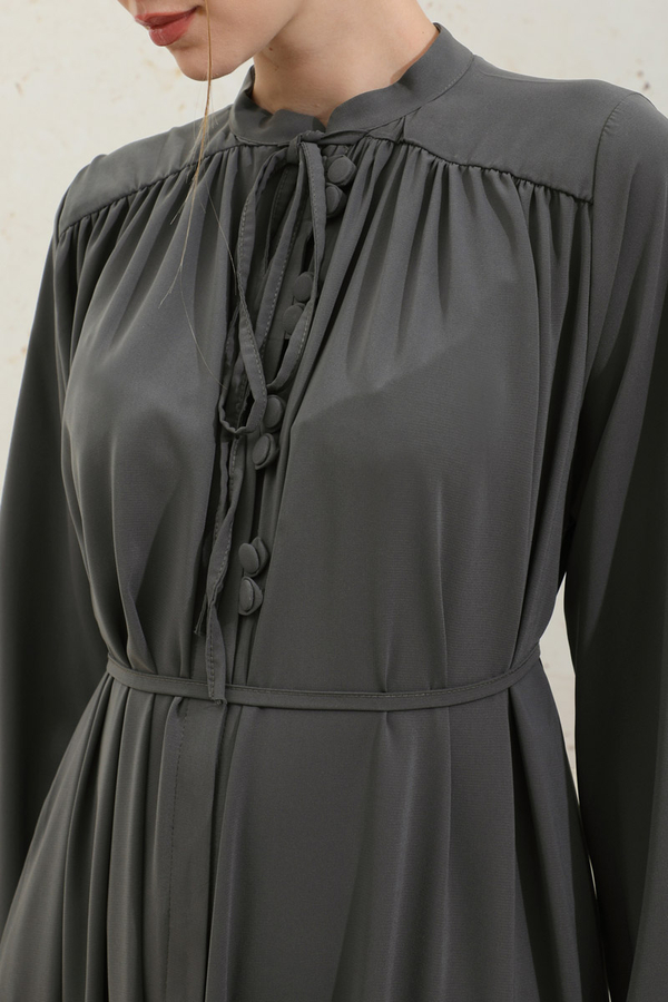 Çift Düğmeli Elbise Füme - 9