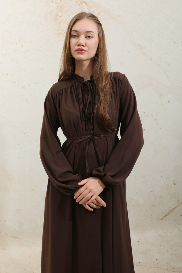 Çift Düğmeli Elbise Kahve - 1