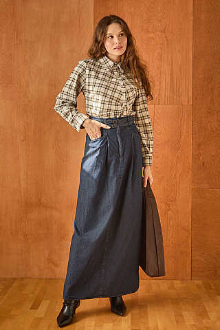 Çift Kuşaklı Denim Etek Koyu Mavi - 1