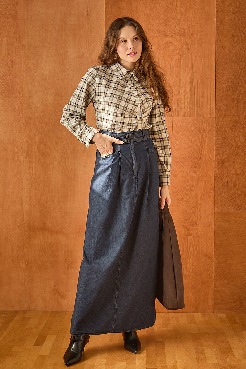 Çift Kuşaklı Denim Etek Koyu Mavi