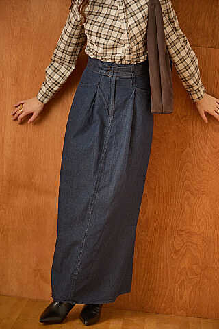 Çift Kuşaklı Denim Etek Koyu Mavi - 4