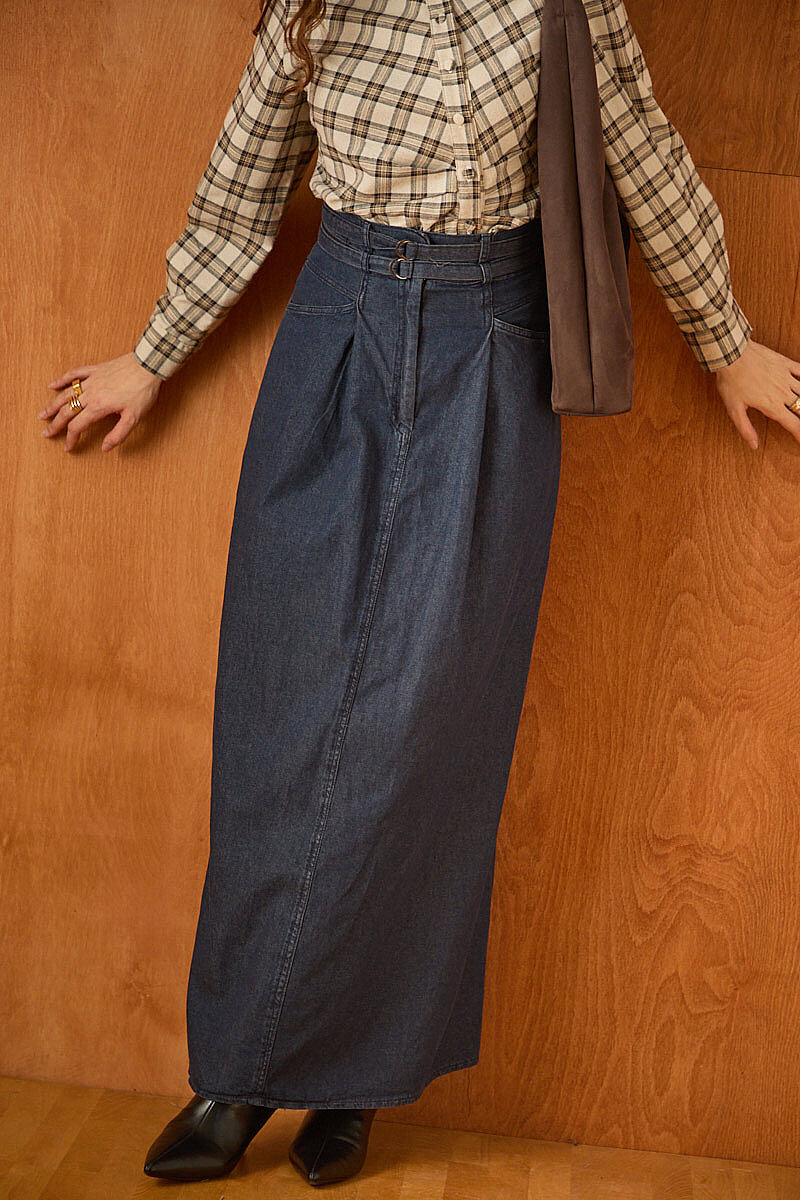 Çift Kuşaklı Denim Etek Koyu Mavi - 4